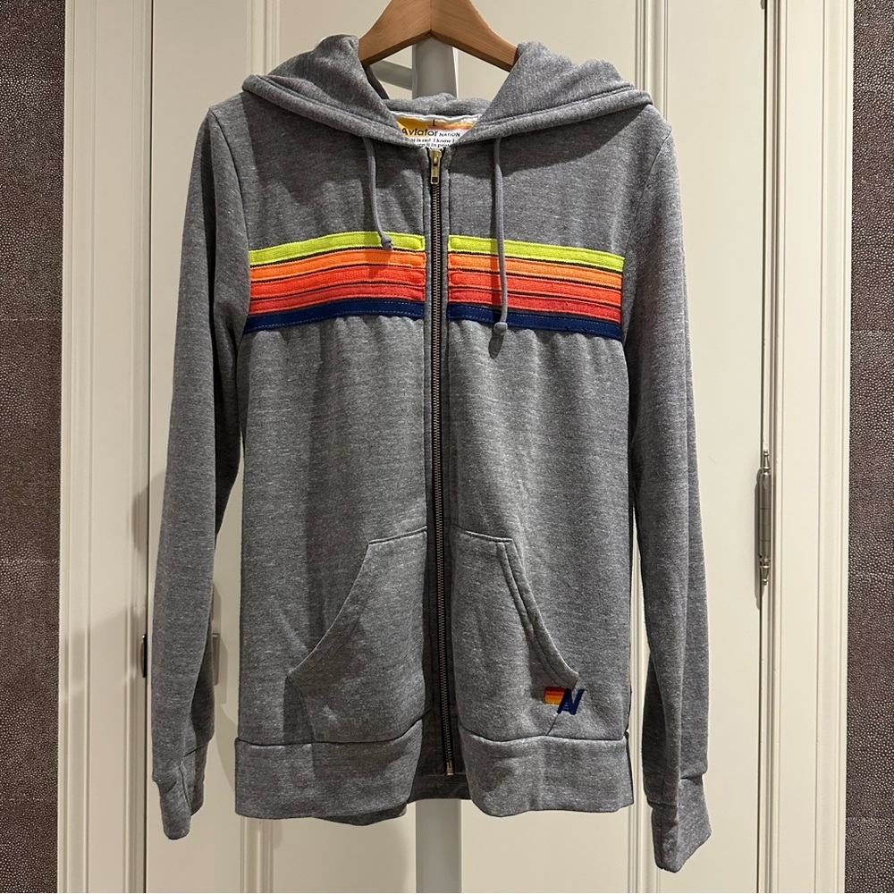 Aviator Nation 5 stripe hoodie (heather grey, neon rainbow blue; L)